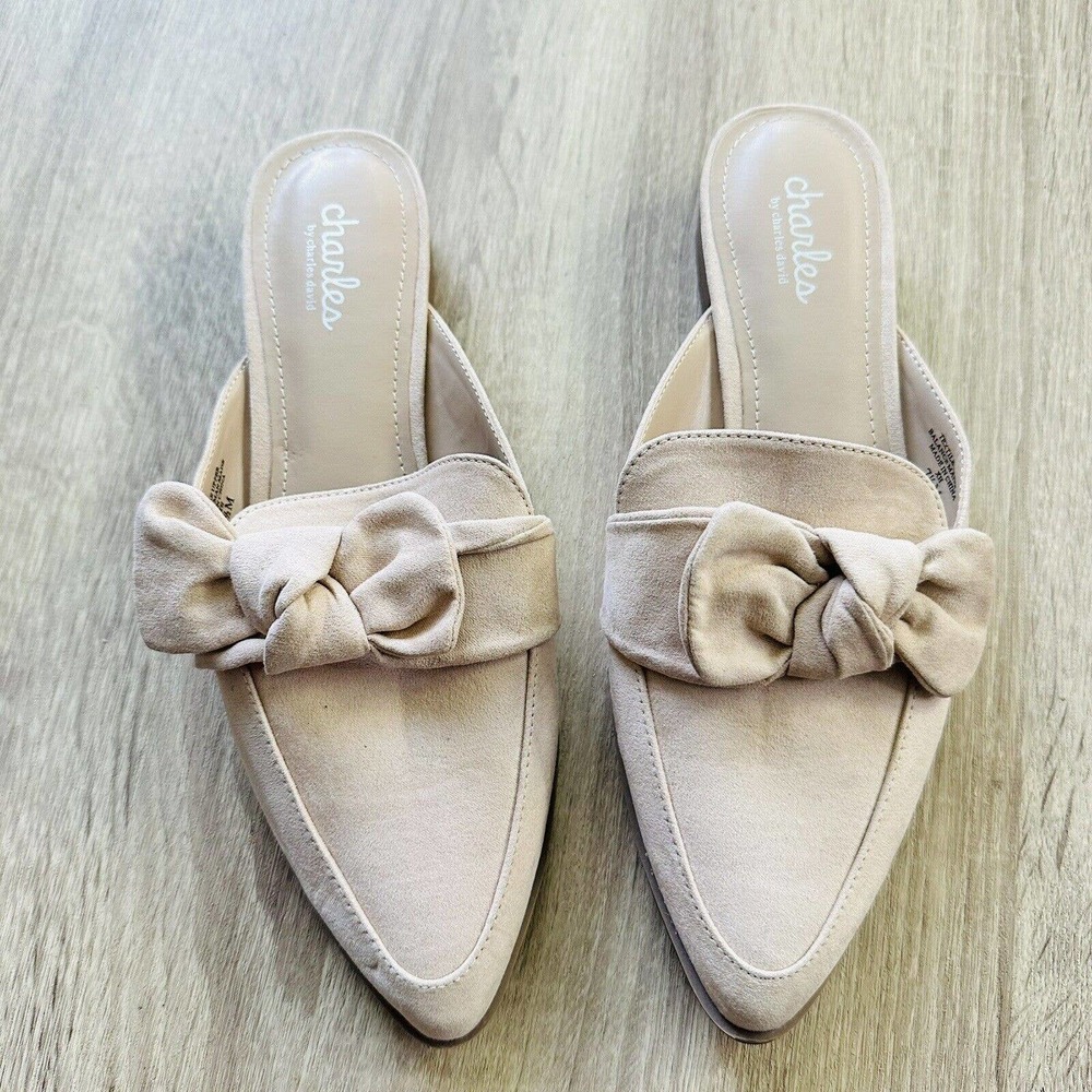 Charles David Tan Bow Faux Suede Slip On Mules